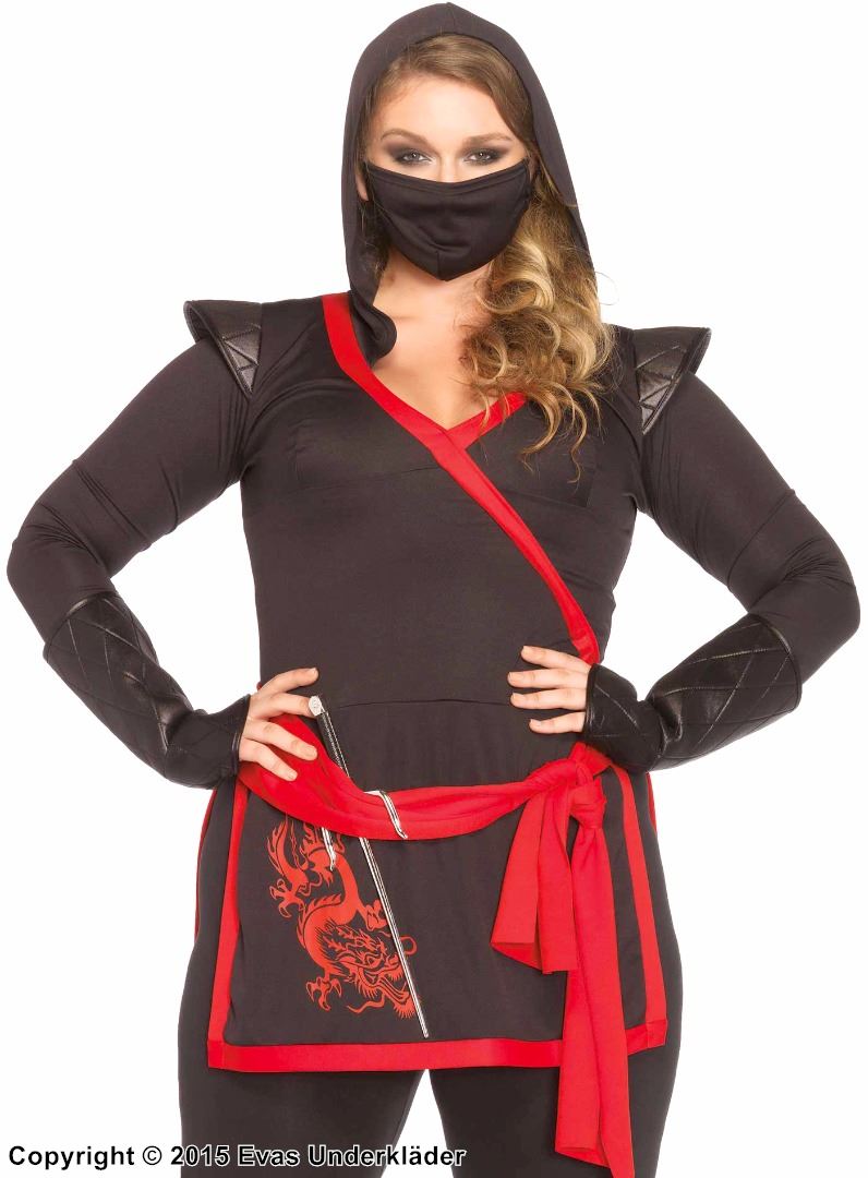Female ninja (aka kunoichi), costume top and pants, hood, sash, dragon, XL to 4XL